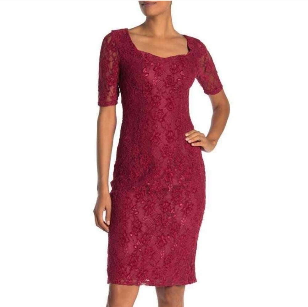NWT Nanette Nanette Lepore Lace Sheath Midi Dress Sangria Size 8 Sweetheart Neck